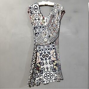 Desigual Blue Multicolor Boho Patterned Women's Dress Wrap Flare Eclectic Travel